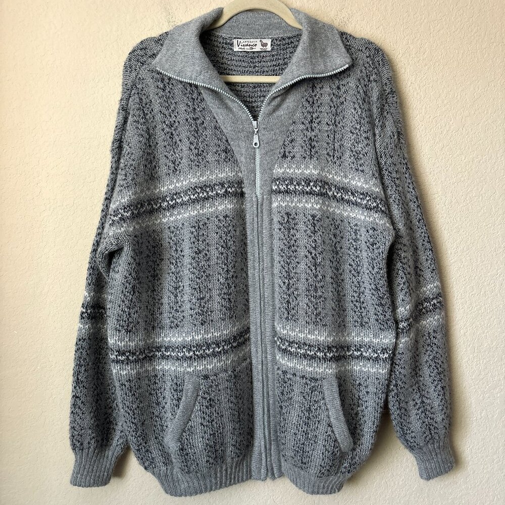 Baby Alpaca Men's XL Printed Gray Full Zip Front Cardigan Jacket Made in Peru